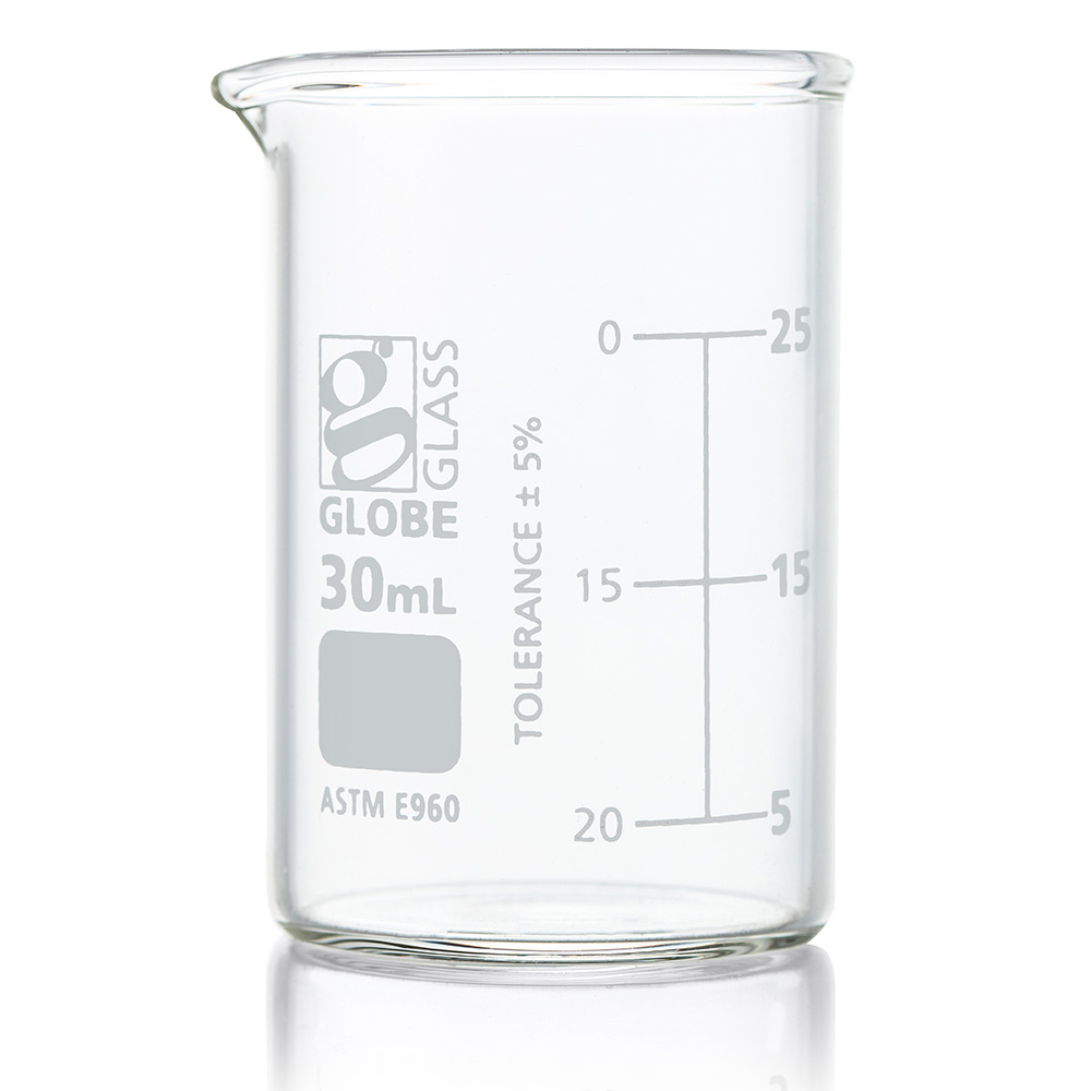 Globe Scientific Beaker, Globe Glass, 30mL, Low Form Griffin Style, Dual Graduations, ASTM E960, 12/Box beaker;beaker science;beaker glass;beaker chemistry;beaker lab;250 ml beaker;100 ml beaker;50 ml beaker
